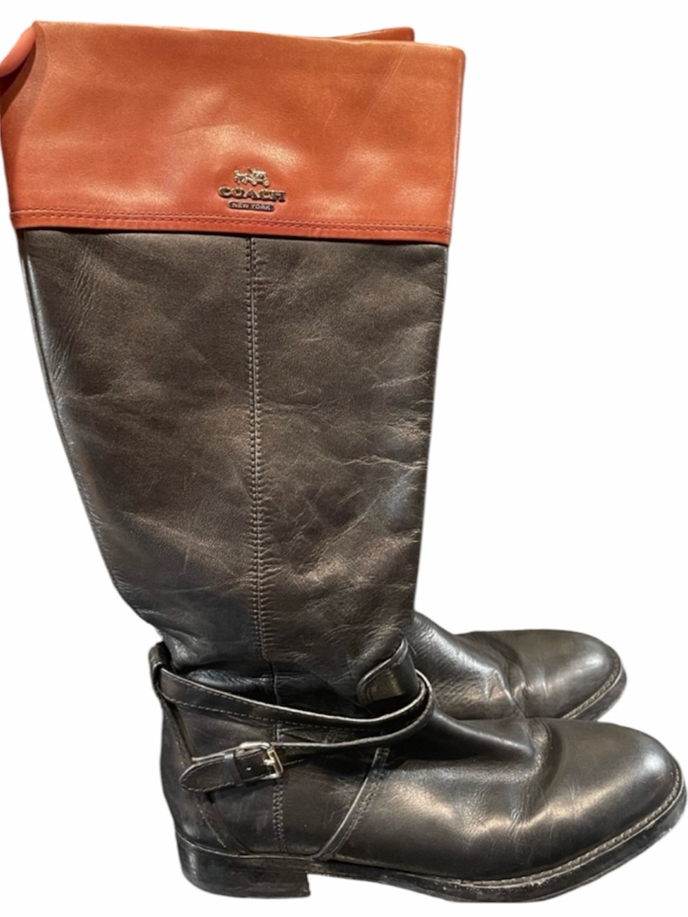Coach Brand Leather Knee High Riding Boots Black & Tan 9.5 Shoes